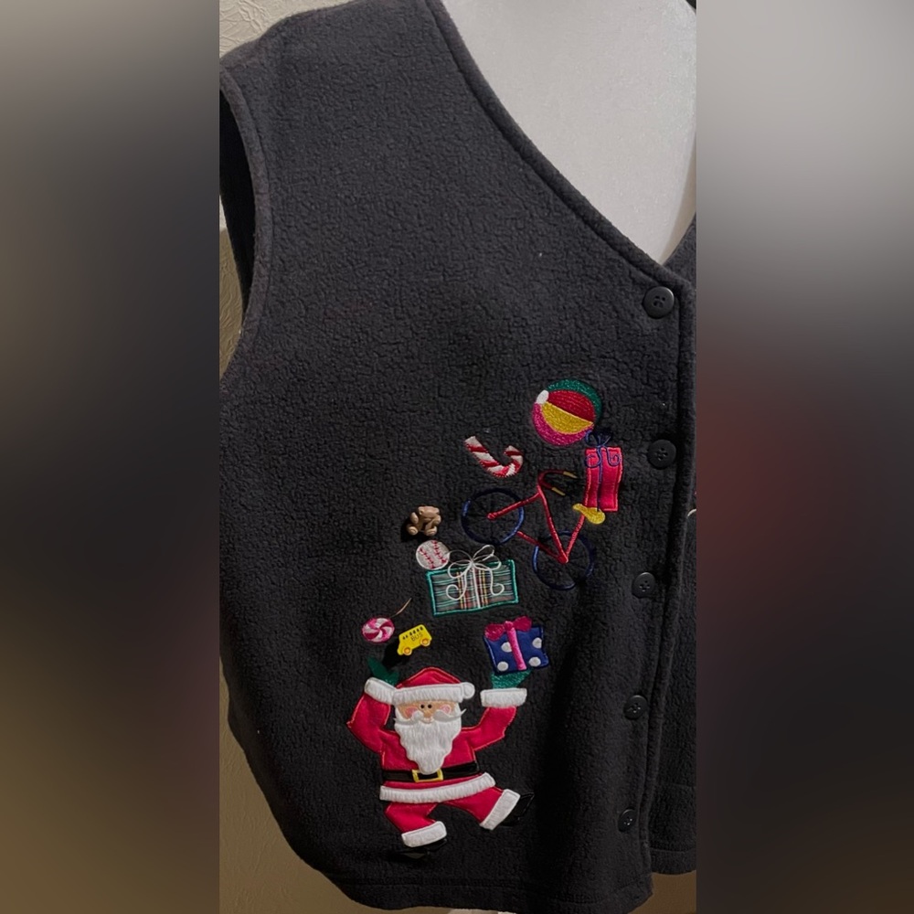 Bechamel Vintage Women’s Size L Christmas Black Fleece Vest Ugly Sweater Santa - Picture 4 of 11